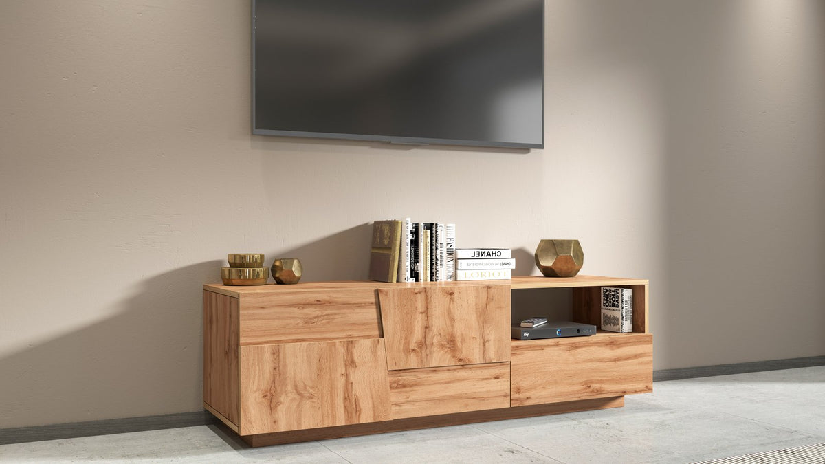 Porta TV INFINITY rovere con anta a ribalta aperta e lettore multimediale nel vano #colore_Rovere