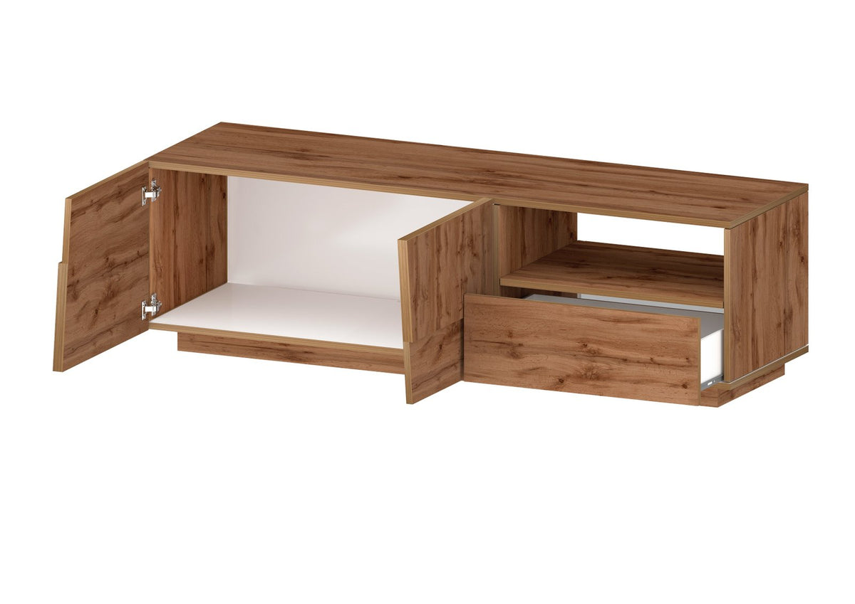 Porta TV INFINITY rovere su fondo bianco con anta aperta e cassetto parzialmente estratto #colore_Rovere