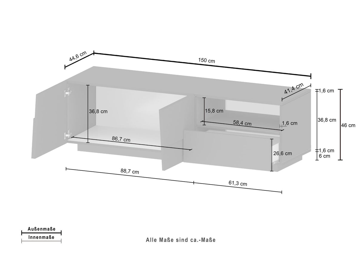 Misure della porta TV INFINITY rovere: 150 cm, vani e cassetti quotati #colore_Rovere