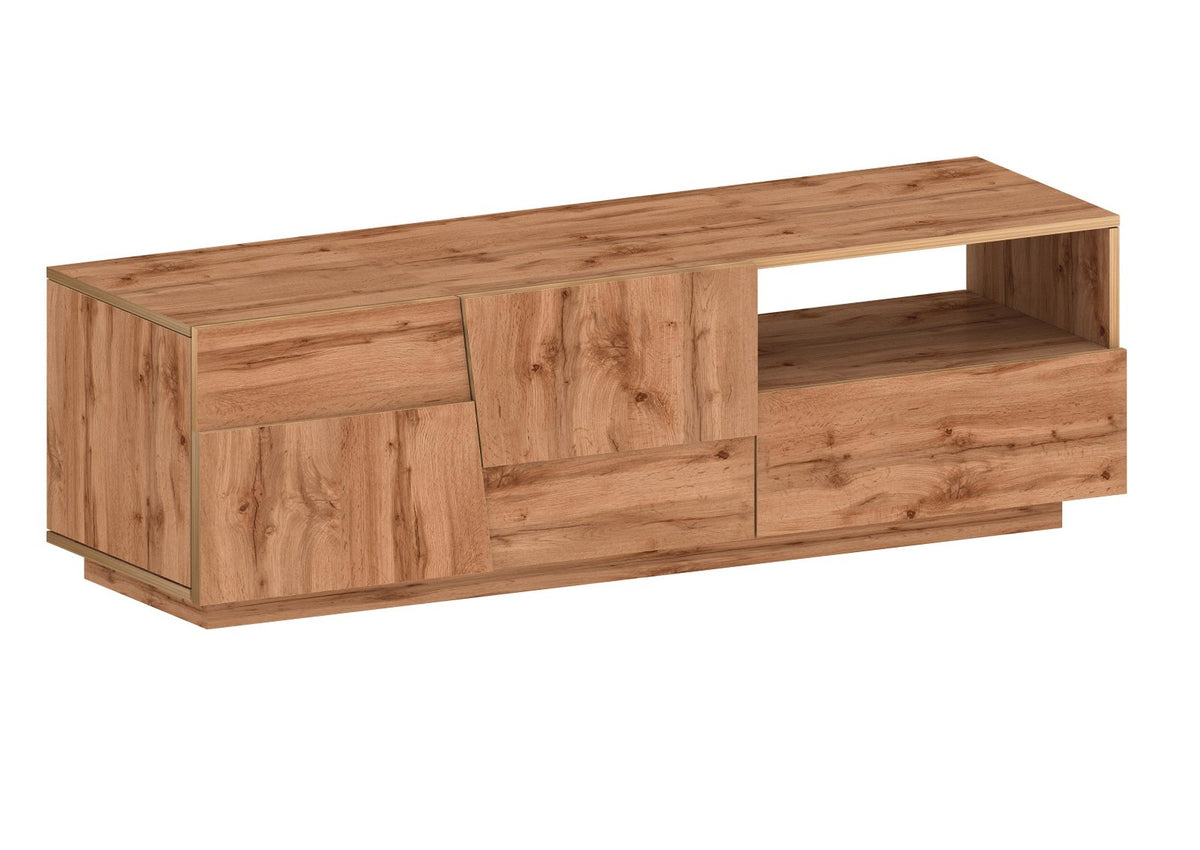 Porta TV INFINITY rovere su fondo bianco, dettaglio delle venature e dei cassetti senza maniglie #colore_Rovere
