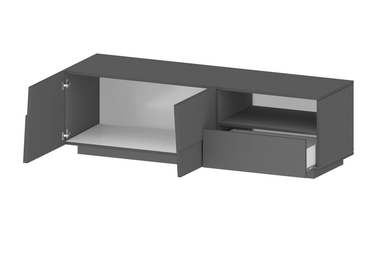 Render del porta TV INFINITY antracite opaco con ante e cassetto aperti, interno chiaro visibile #colore_Antracite Opaco