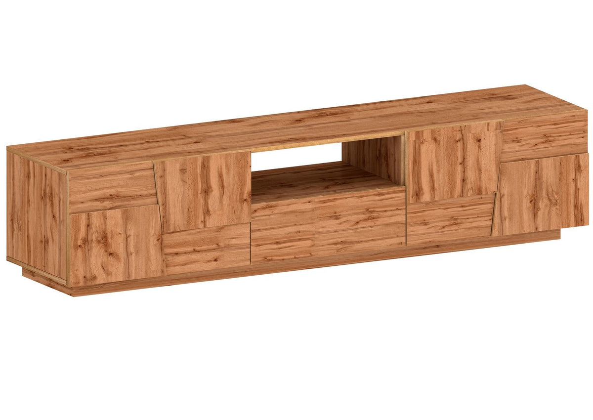 Porta TV INFINITY rovere su fondo bianco, vista di tre quarti con quattro ante e cassetto #colore_Rovere