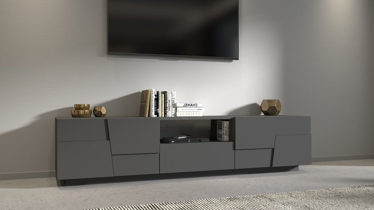 Porta TV INFINITY antracite opaco in render sotto una TV nera, con vano centrale aperto #colore_Antracite Opaco