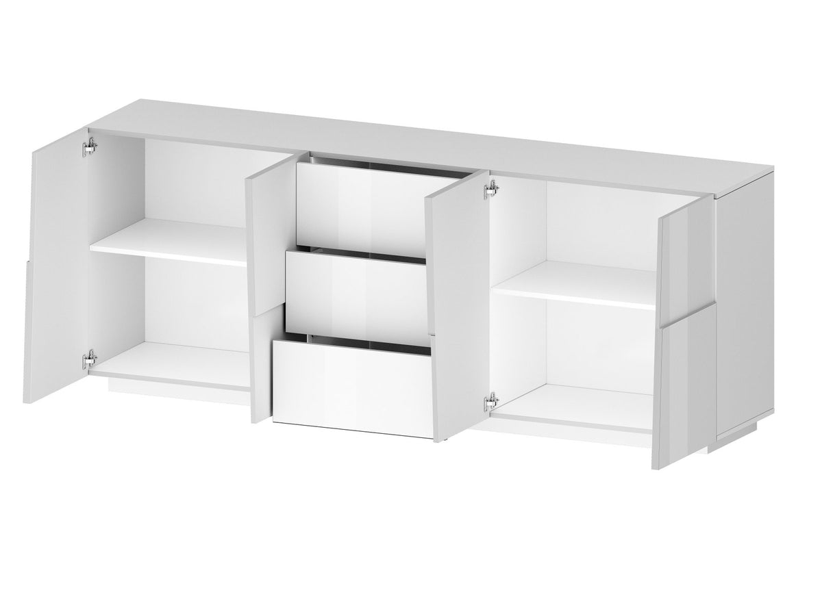 Credenza INFINITY bianco lucido con ante aperte a libro e vani interni con ripiani #colore_Bianco Lucido