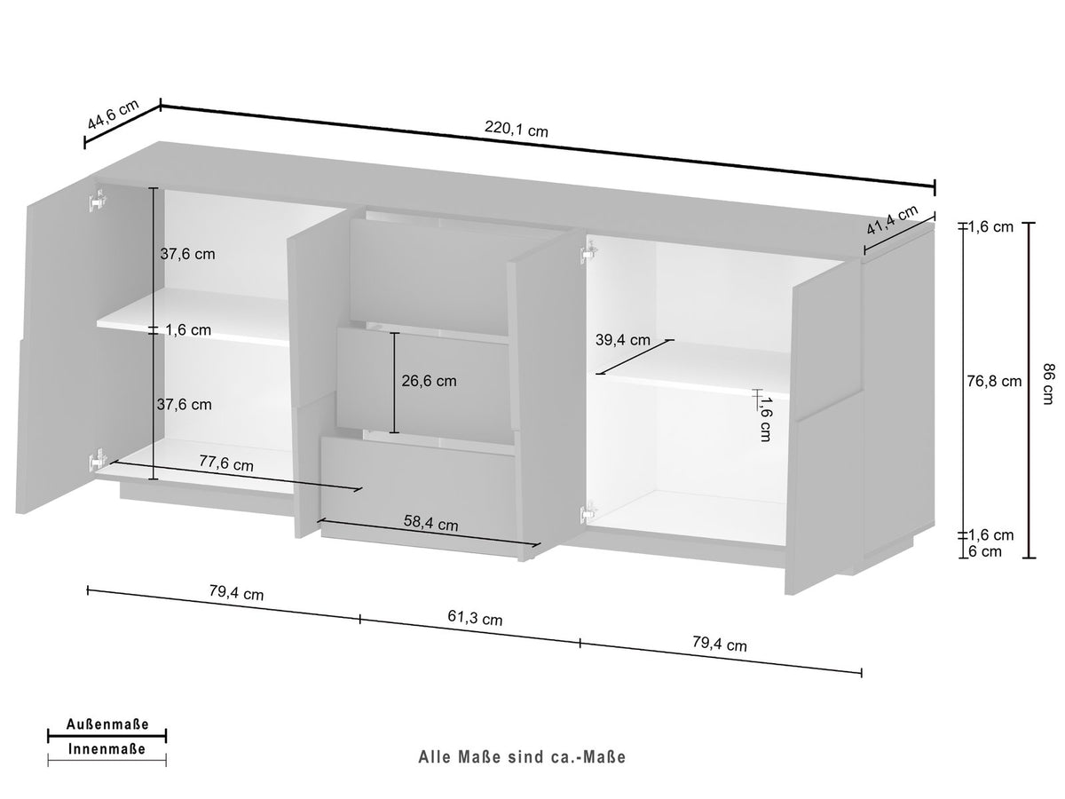 Misure della credenza INFINITY bianco: 220,1 cm di larghezza, 44,6 di profondità, 86 di altezza #colore_Bianco Lucido