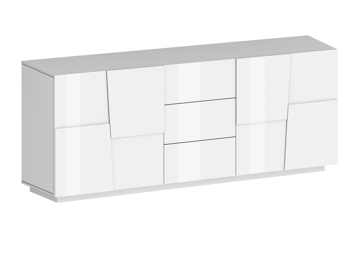 Credenza INFINITY bianco lucido su sfondo bianco, vista di tre quarti con ante e cassetti #colore_Bianco Lucido