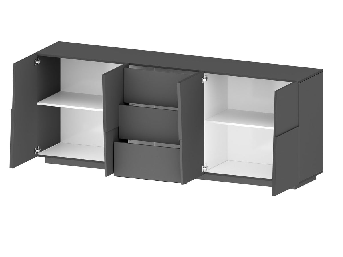 Render della credenza INFINITY antracite opaco con quattro ante aperte e tre cassetti #colore_Antracite Opaco