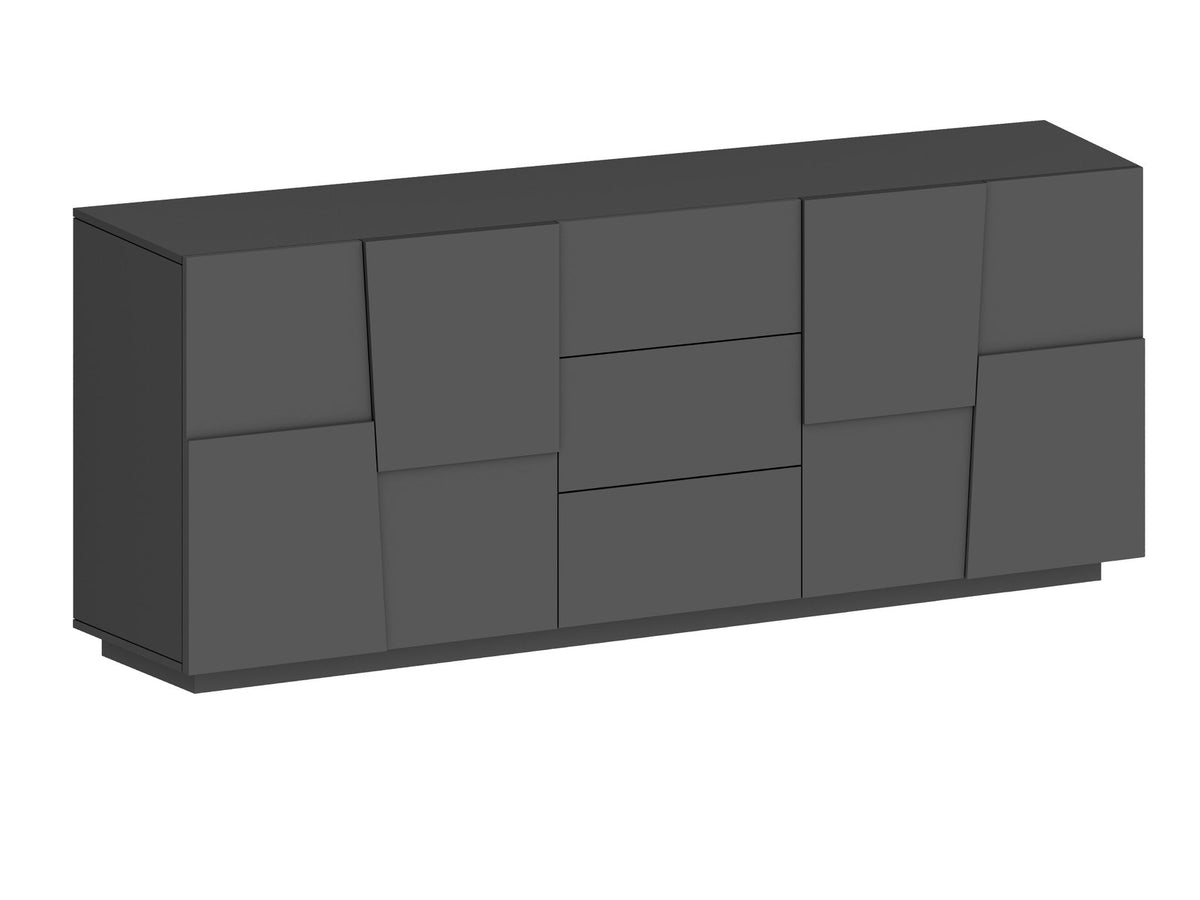 Credenza INFINITY antracite opaco su sfondo bianco, vista di tre quarti con ante sfalsate #colore_Antracite Opaco