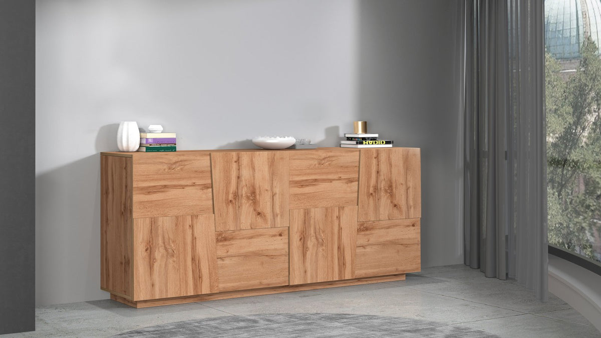 Credenza INFINITY rovere addossata a parete grigia, con venature del legno ben visibili #colore_Rovere