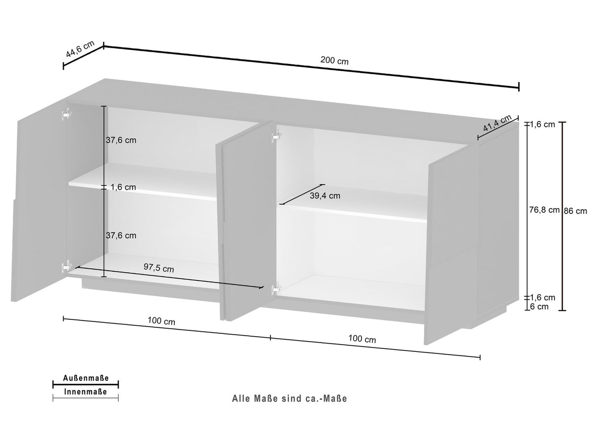 Schema tecnico della credenza INFINITY antracite con quote: 200 cm di larghezza, 86 cm di altezza #colore_Antracite Opaco