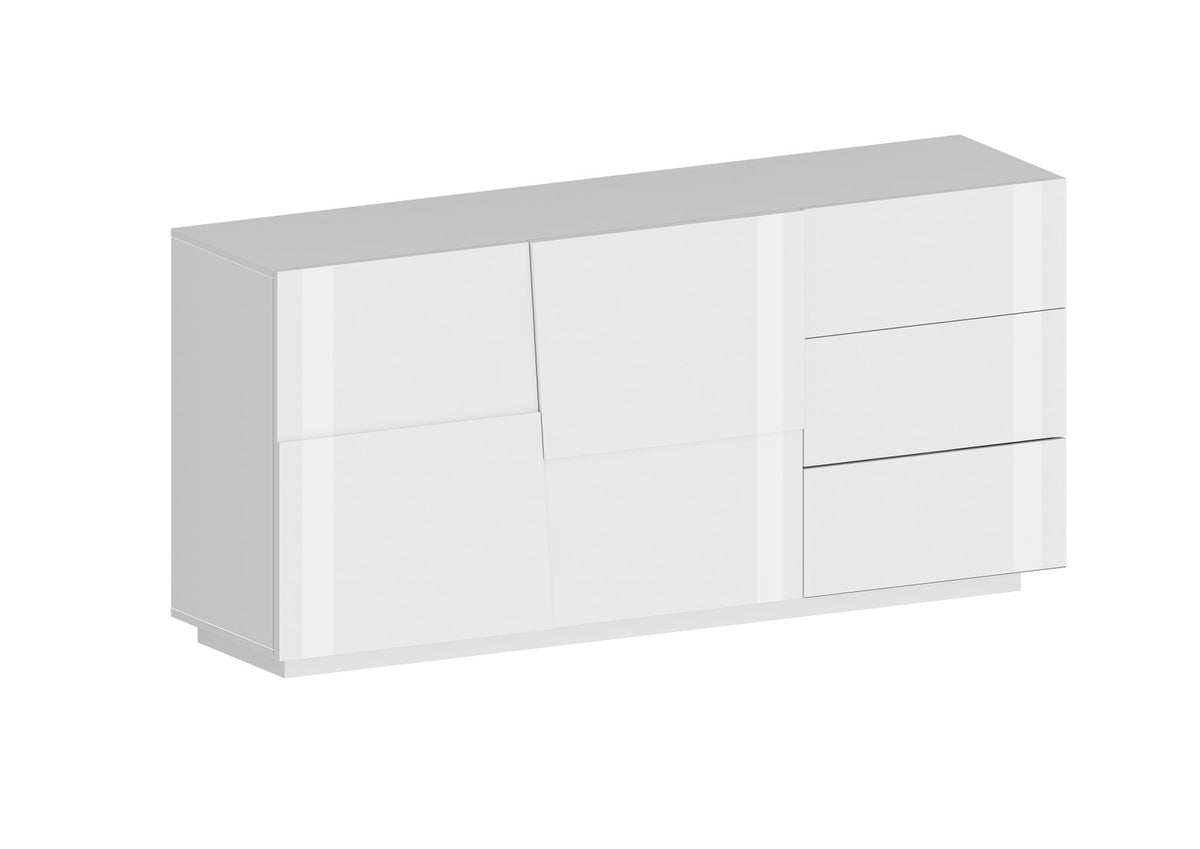 Render della credenza INFINITY bianco lucido con ante e cassetti senza maniglie su sfondo bianco #colore_Bianco Lucido