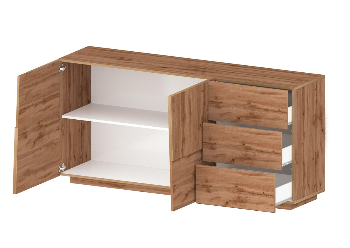 Credenza INFINITY rovere su sfondo bianco con ante aperte e cassetti sfalsati #colore_Rovere