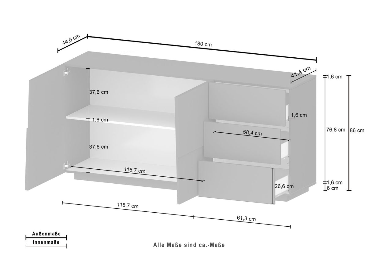 Misure della credenza INFINITY rovere: 180 cm di larghezza, 86 di altezza e 44,6 di profondità #colore_Rovere