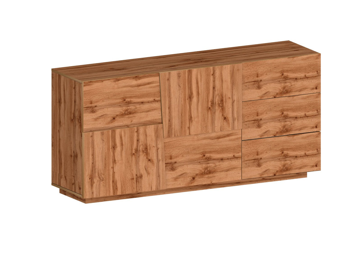 Credenza INFINITY rovere su sfondo bianco con due ante, un'anta centrale e tre cassetti #colore_Rovere