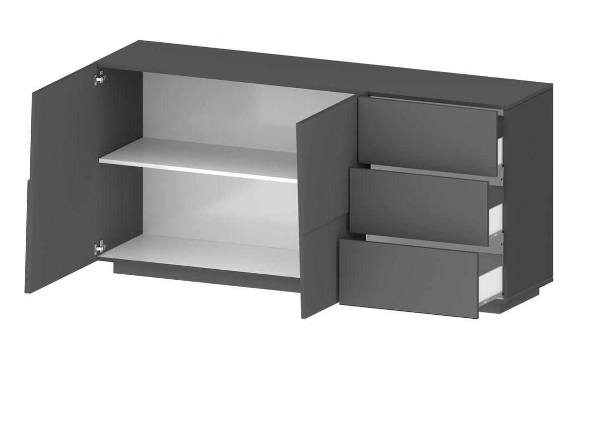 Render della credenza INFINITY antracite con ante spalancate e cassetti estratti su sfondo bianco #colore_Antracite Opaco