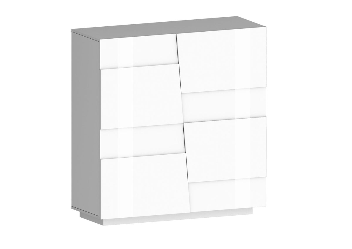 Credenza INFINITY bianco lucido su sfondo bianco, quattro ante senza maniglie, vista di tre quarti #colore_Bianco Lucido