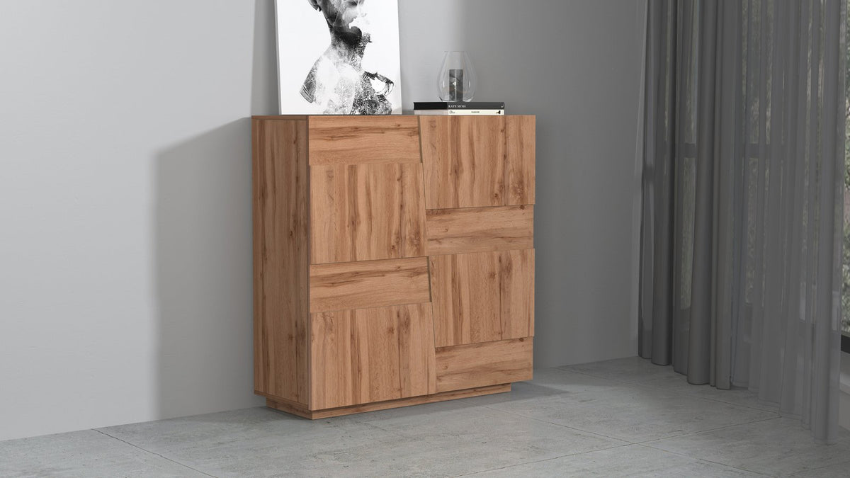 Credenza INFINITY rovere in ambiente con quadro in bianco e nero e lampada da tavolo #colore_Rovere