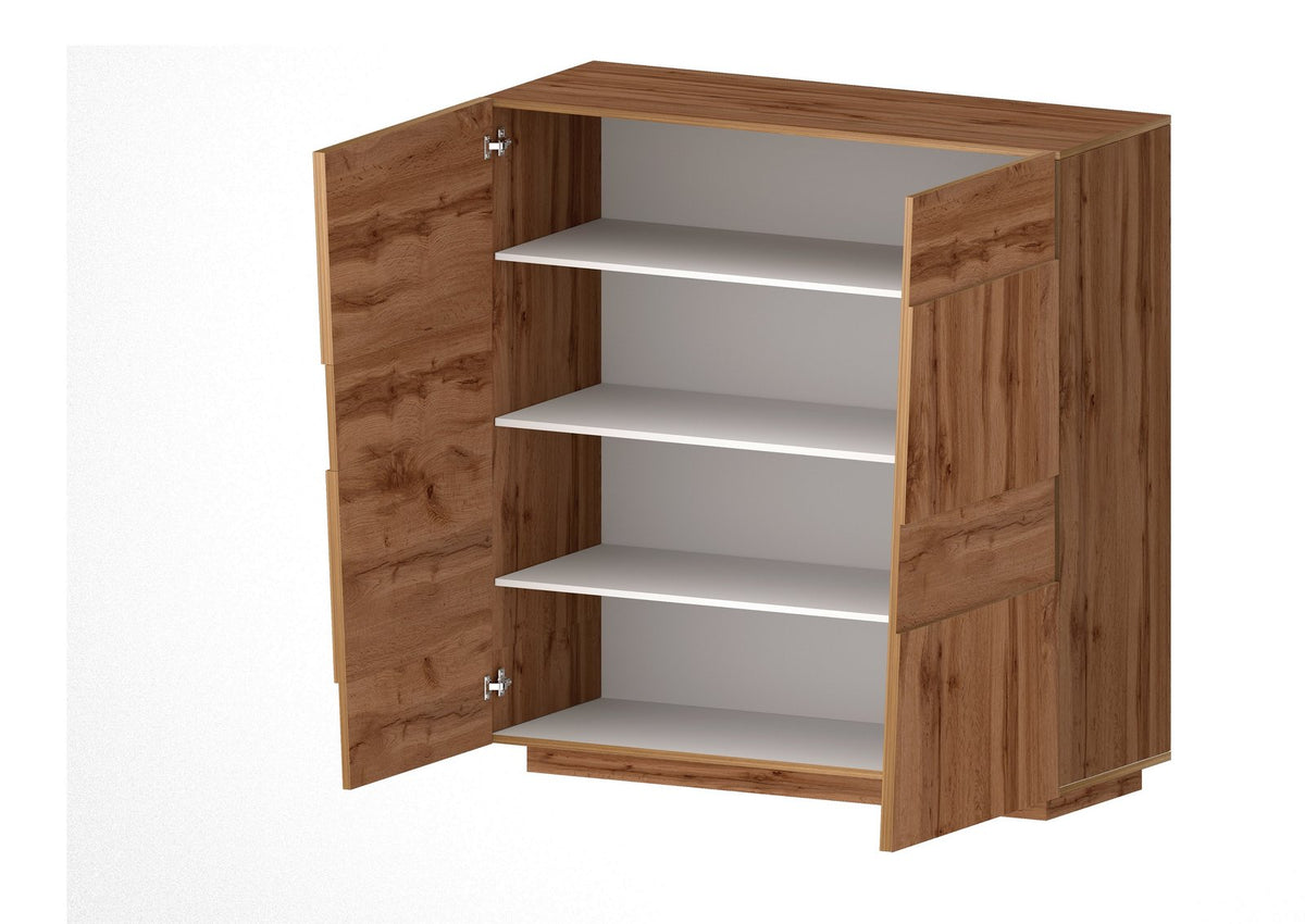 Credenza INFINITY rovere su sfondo bianco con due ante aperte e tre ripiani interni #colore_Rovere