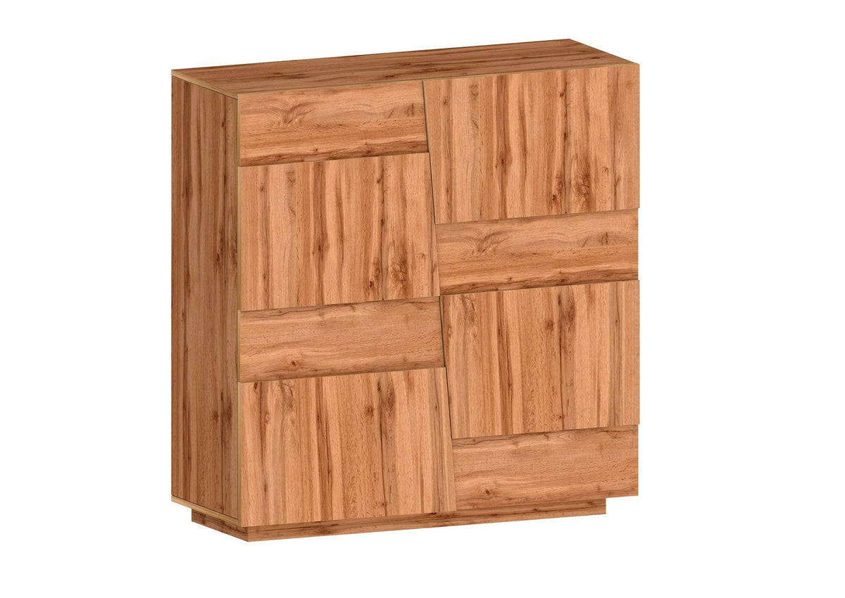 Credenza INFINITY rovere su sfondo bianco, quattro ante chiuse senza maniglie, vista di tre quarti #colore_Rovere