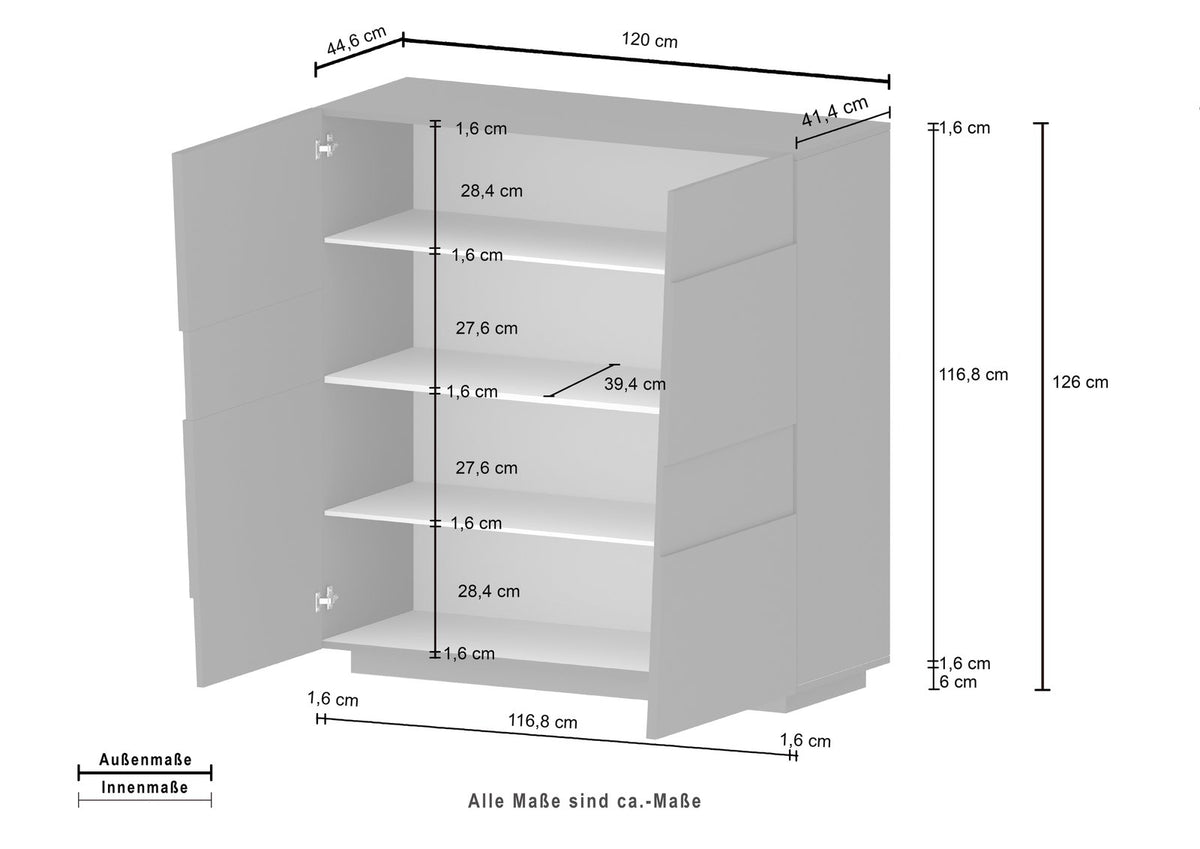 Misure della credenza INFINITY antracite opaco: 120 cm di larghezza, 41,4 di profondità, 126 di altezza #colore_Antracite Opaco