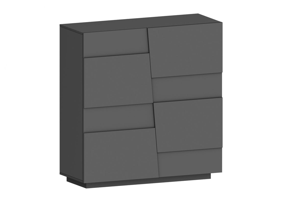 Render 3D della credenza INFINITY antracite opaco con ante e cassetti sfalsati, senza maniglie #colore_Antracite Opaco