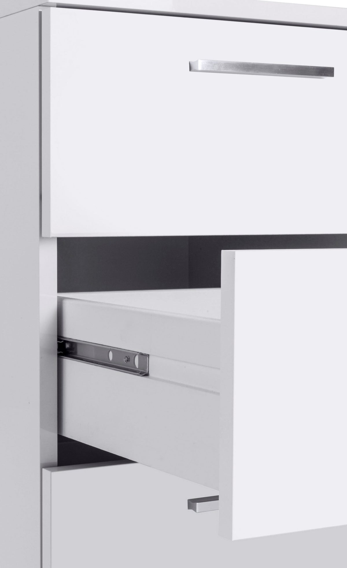 Dettaglio dei cassetti della scrivania NOVA bianco lucido con guide in metallo e cassetto aperto #colore_Bianco Lucido
