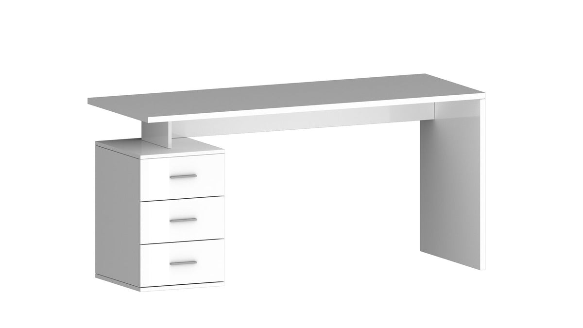 Render 3D della scrivania NOVA bianco lucido con piano grigio chiaro e cassettiera a tre cassetti #colore_Bianco Lucido