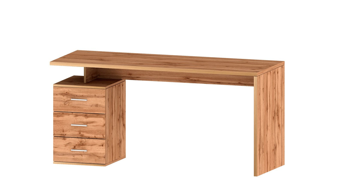 Scrivania NOVA rovere Wotan su sfondo bianco con cassetti a maniglia cromata e piano lungo #colore_Rovere Wotan