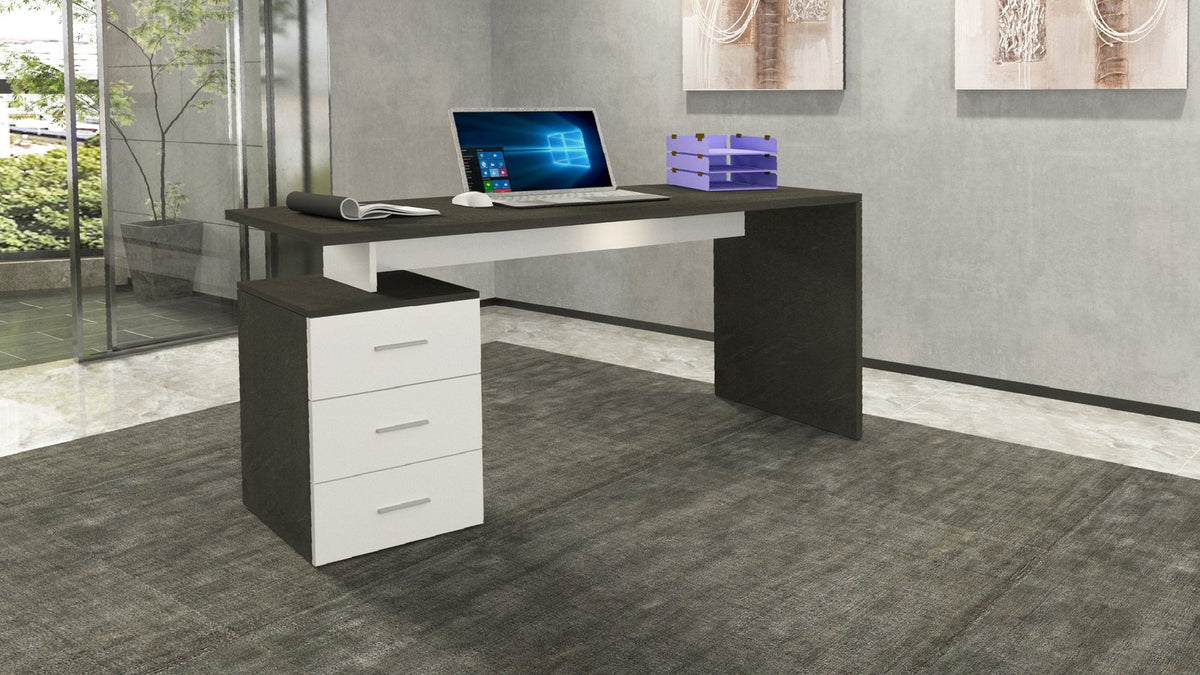 Scrivania NOVA antracite opaco effetto legno in ambiente interno, cassettiera bianca a tre cassetti #colore_Bianco Lucido/Antracite Opaco