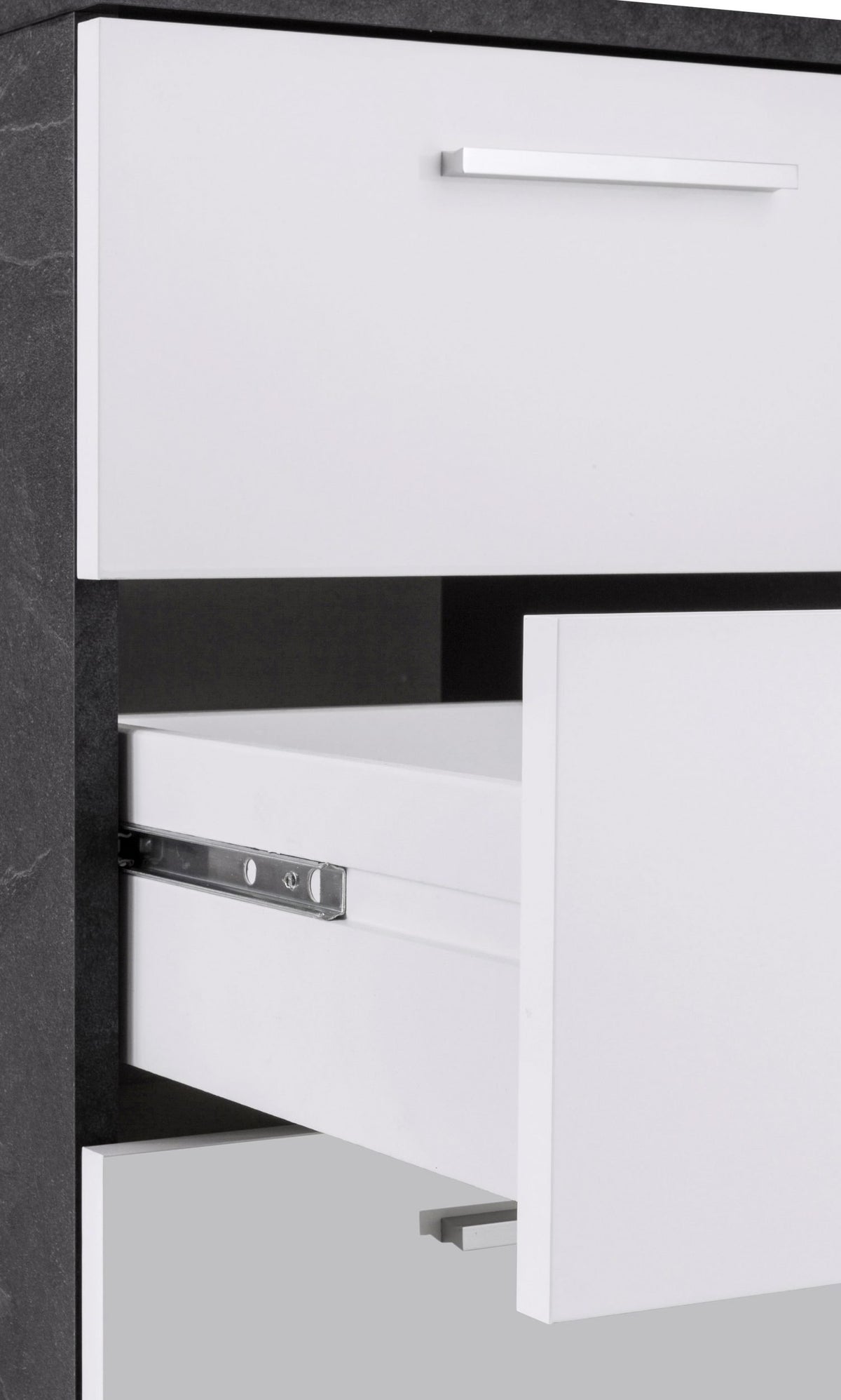 Dettaglio verticale della cassettiera NOVA antracite opaco con cassetto aperto e guide cromate #colore_Bianco Lucido/Antracite Opaco