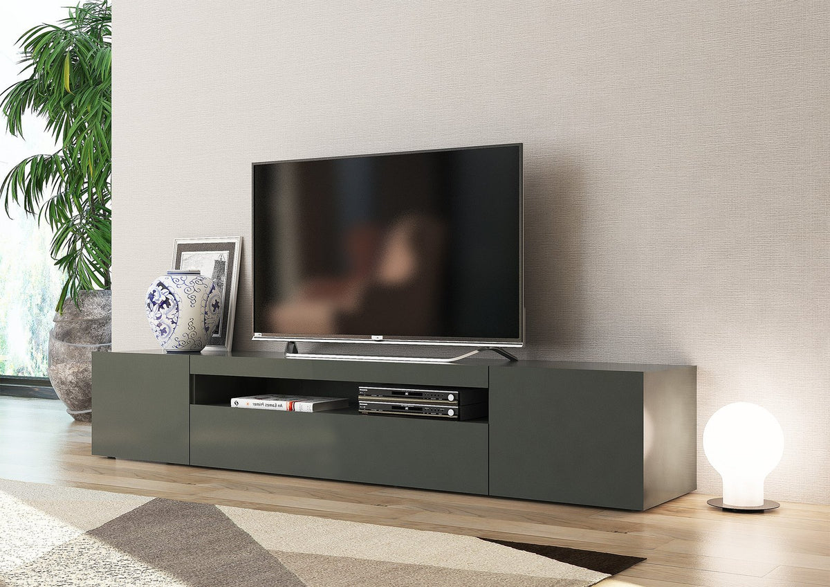Porta TV FUSION grigio antracite in soggiorno, televisore sopra e vaso blu #colore_Antracite Lucido