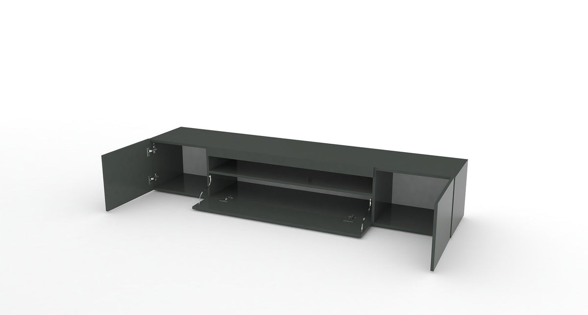 Porta TV FUSION antracite con ante aperte e ribalta abbassata, cerniere visibili #colore_Antracite Lucido