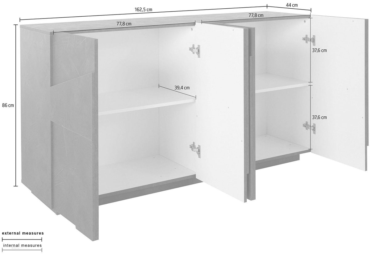 Schema quotato della credenza PULSE ardesia: 162,5 cm di larghezza, 44 cm di altezza #colore_Ardesia