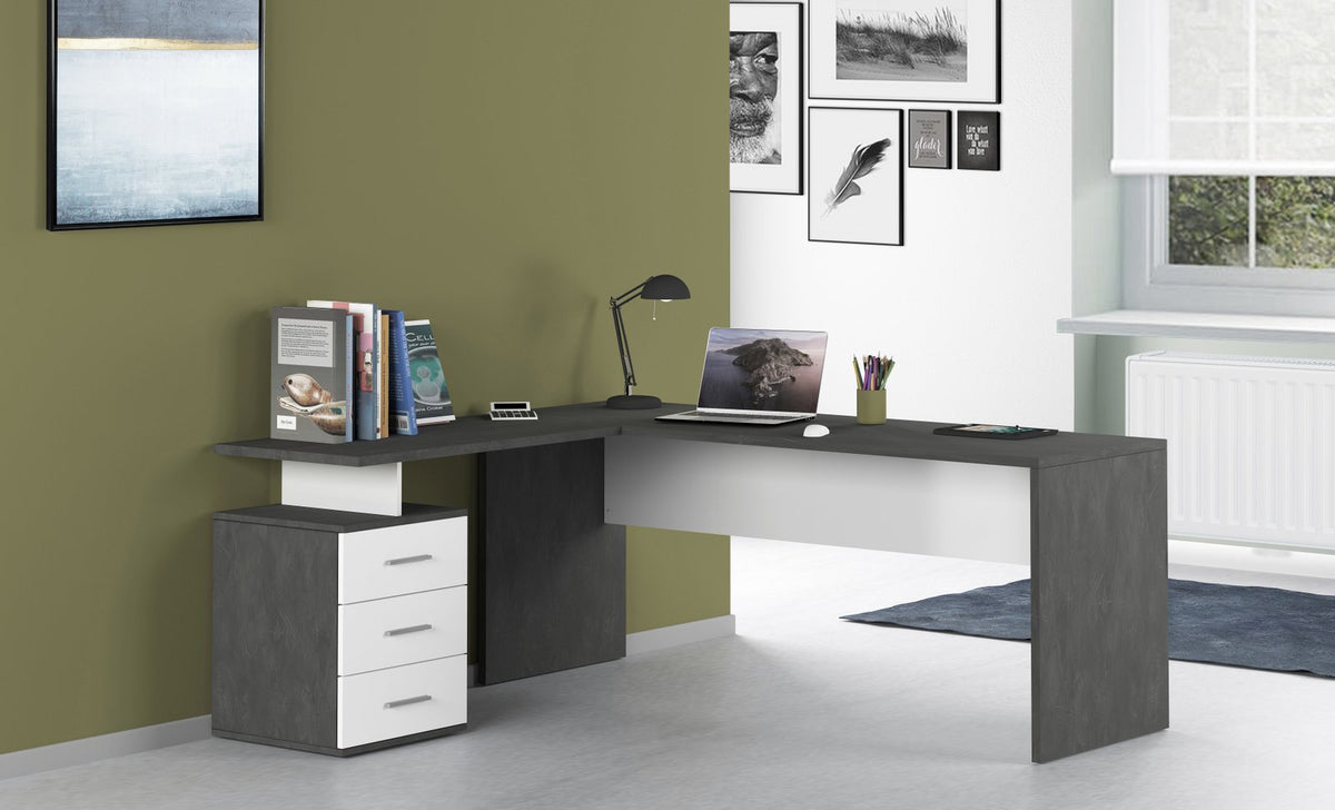 Scrivania NOVA bianco lucido e antracite opaco in stanza verde oliva, vista tre quarti #colore_Bianco Lucido/Antracite Opaco