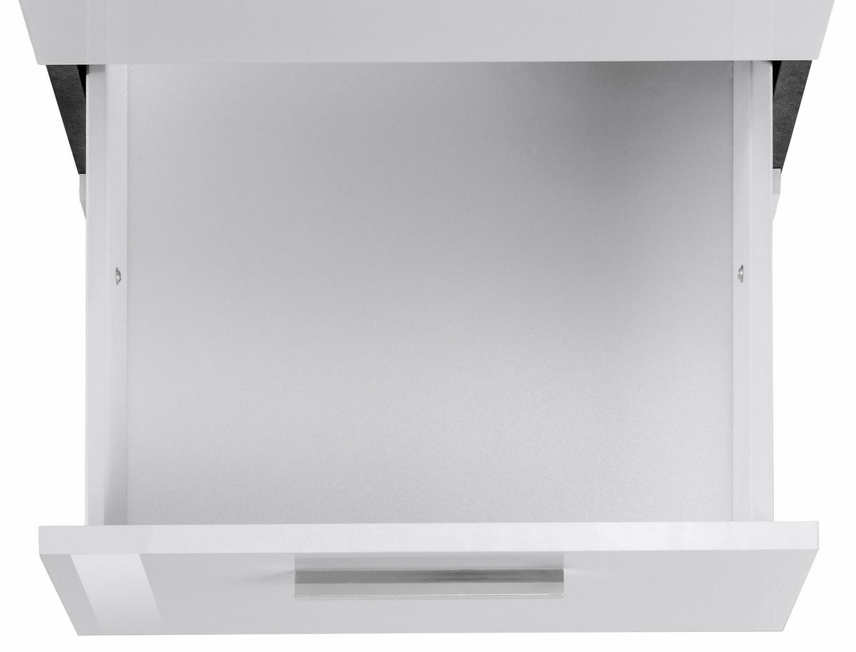 Dettaglio dell'interno di un cassetto NOVA bianco lucido aperto con guide e viti di fissaggio #colore_Bianco Lucido/Antracite Opaco