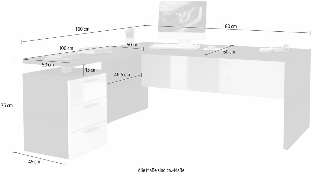 Scrivania NOVA bianco lucido con misure quotate: 180 cm di lunghezza e 160 cm #colore_Bianco Lucido/Antracite Opaco