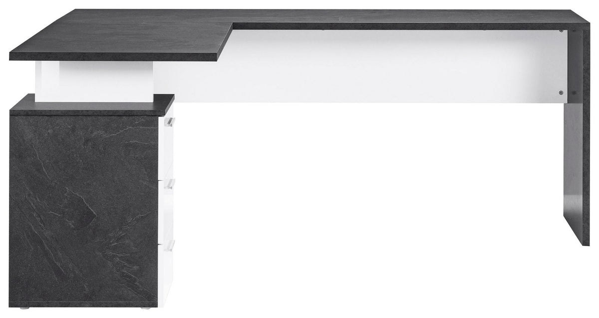 Scrivania angolare NOVA bianco lucido con piano grigio effetto marmo, vista frontale su sfondo bianco #colore_Bianco Lucido/Antracite Opaco