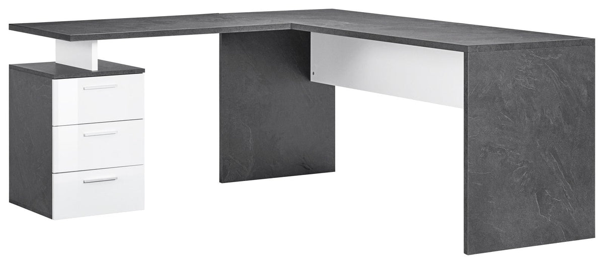 Scrivania angolare NOVA bianco lucido con cassettiera a tre cassetti sul lato sinistro, vista tre quarti #colore_Bianco Lucido/Antracite Opaco