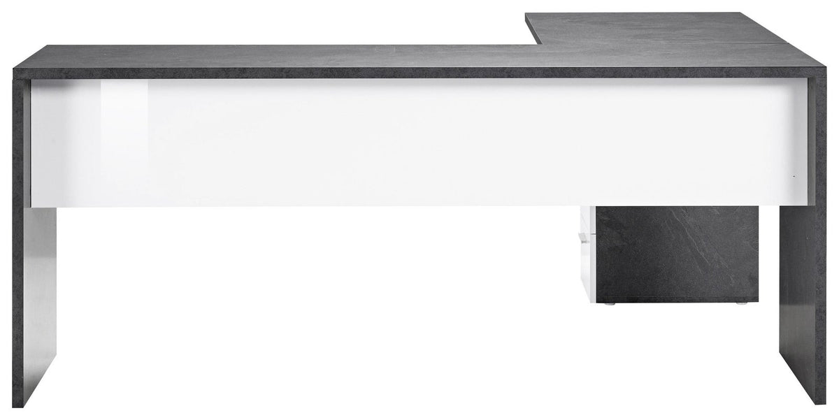 Scrivania angolare NOVA bianco lucido con piano grigio effetto pietra, vista frontale su sfondo bianco #colore_Bianco Lucido/Antracite Opaco