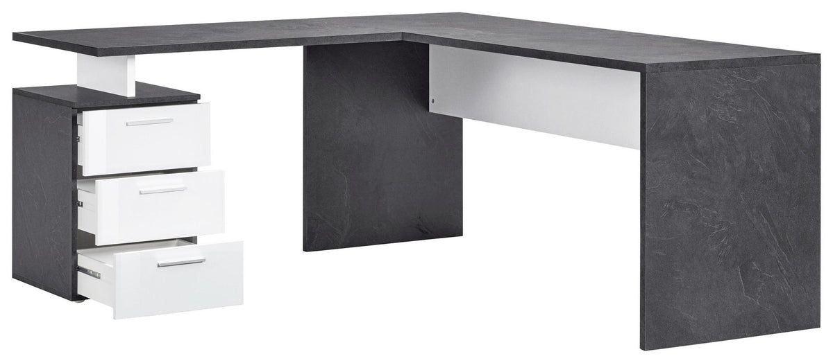 Scrivania angolare NOVA bianco lucido con cassetto inferiore leggermente aperto, vista tre quarti #colore_Bianco Lucido/Antracite Opaco