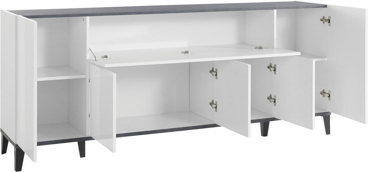 Credenza ARTEMIS bianco opaco con ribalta aperta, interno con ripiani e piano effetto marmo
