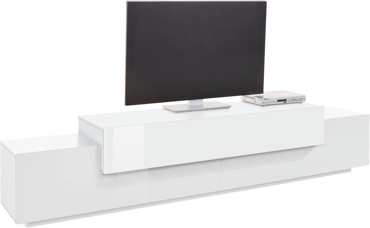 Porta TV CELESTIA bianco lucido visto frontalmente con ribalta centrale chiusa su sfondo bianco #colore_Bianco Opaco/Bianco Lucido