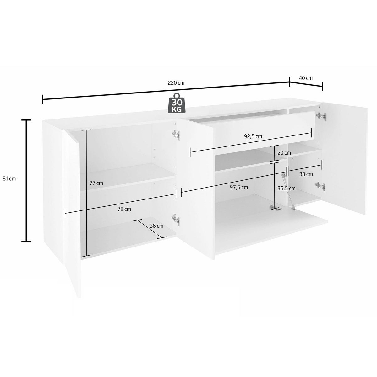 Credenza bianco opaco con ante e cassetto a ribalta aperti, misure quotate in centimetri