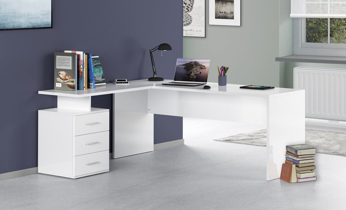 Scrivania angolare NOVA bianco lucido in ambiente domestico con pareti blu e verde acqua #colore_Bianco Lucido