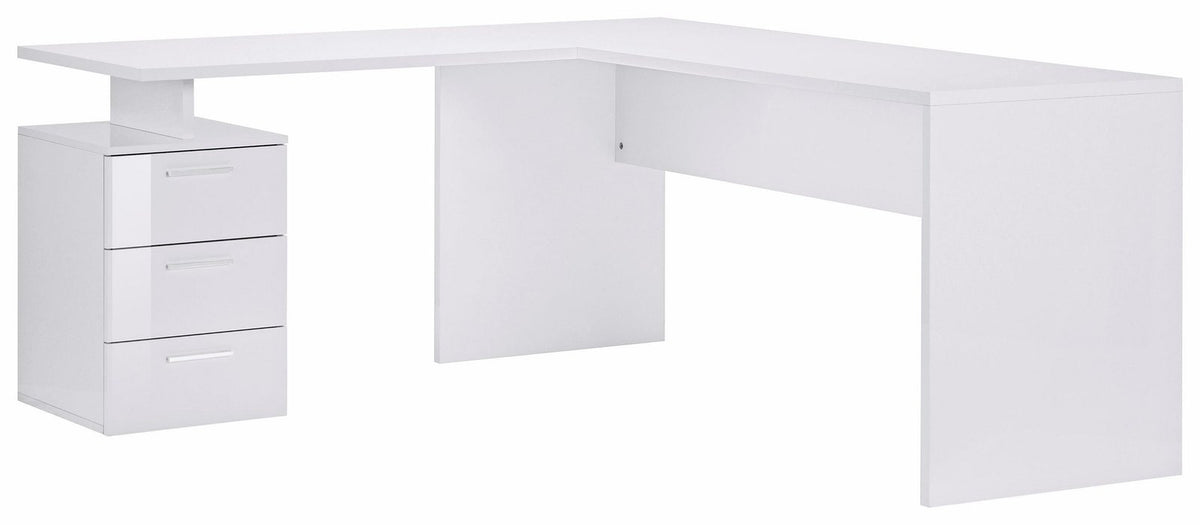 Scrivania NOVA bianco lucido ad angolo con cassettiera a tre cassetti su sfondo bianco #colore_Bianco Lucido