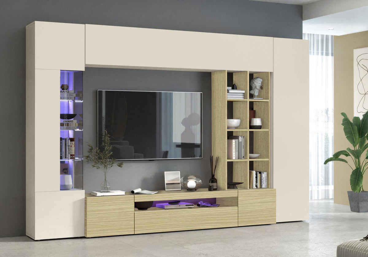 Parete attrezzata STELLAR cashmere in soggiorno, vetrina viola e libreria aperta #colore_Cashmere