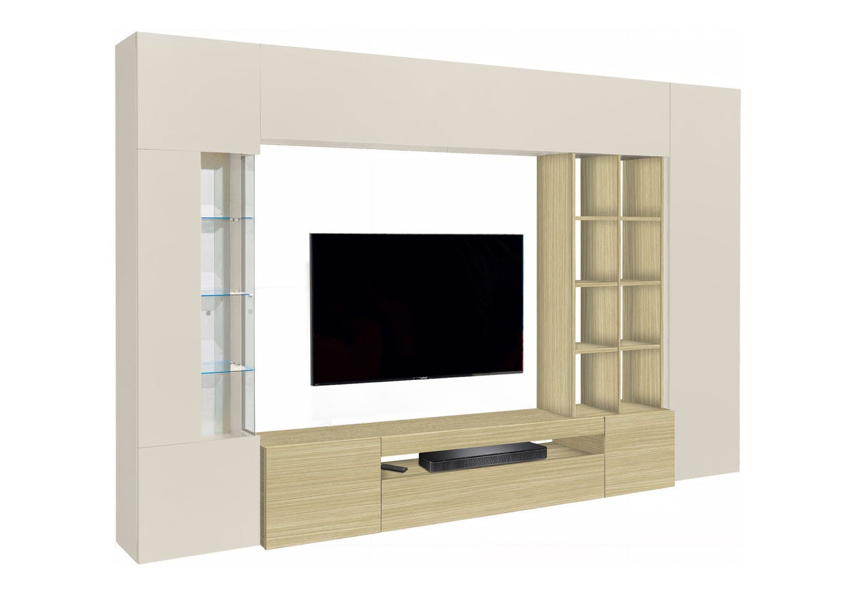 Parete attrezzata STELLAR cashmere su fondo bianco, colonna vetrina e libreria in legno #colore_Cashmere