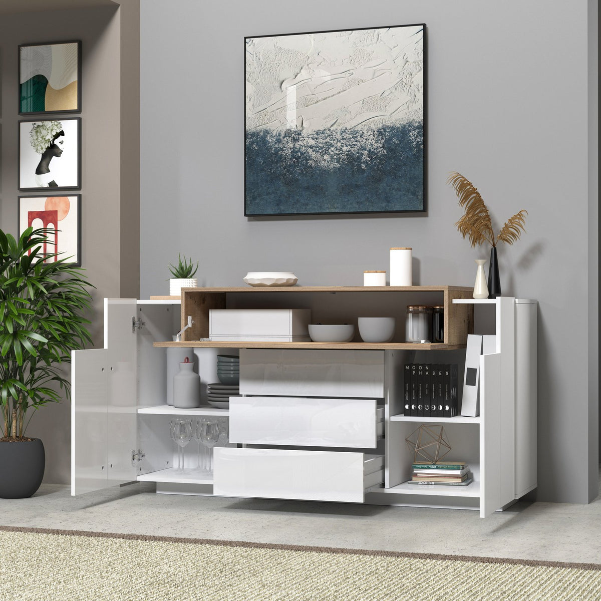 Credenza CREDENZA LACCATA bianco opaco con cassetti e vano aperto, parete grigia e libro MOON PHASES