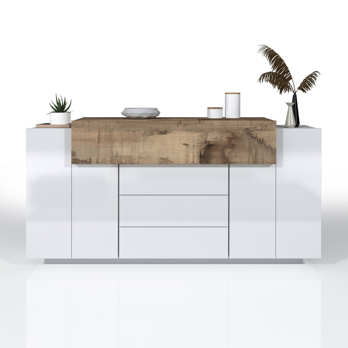 Credenza bianco opaco frontale con fascia superiore effetto legno chiaro e oggetti sul piano