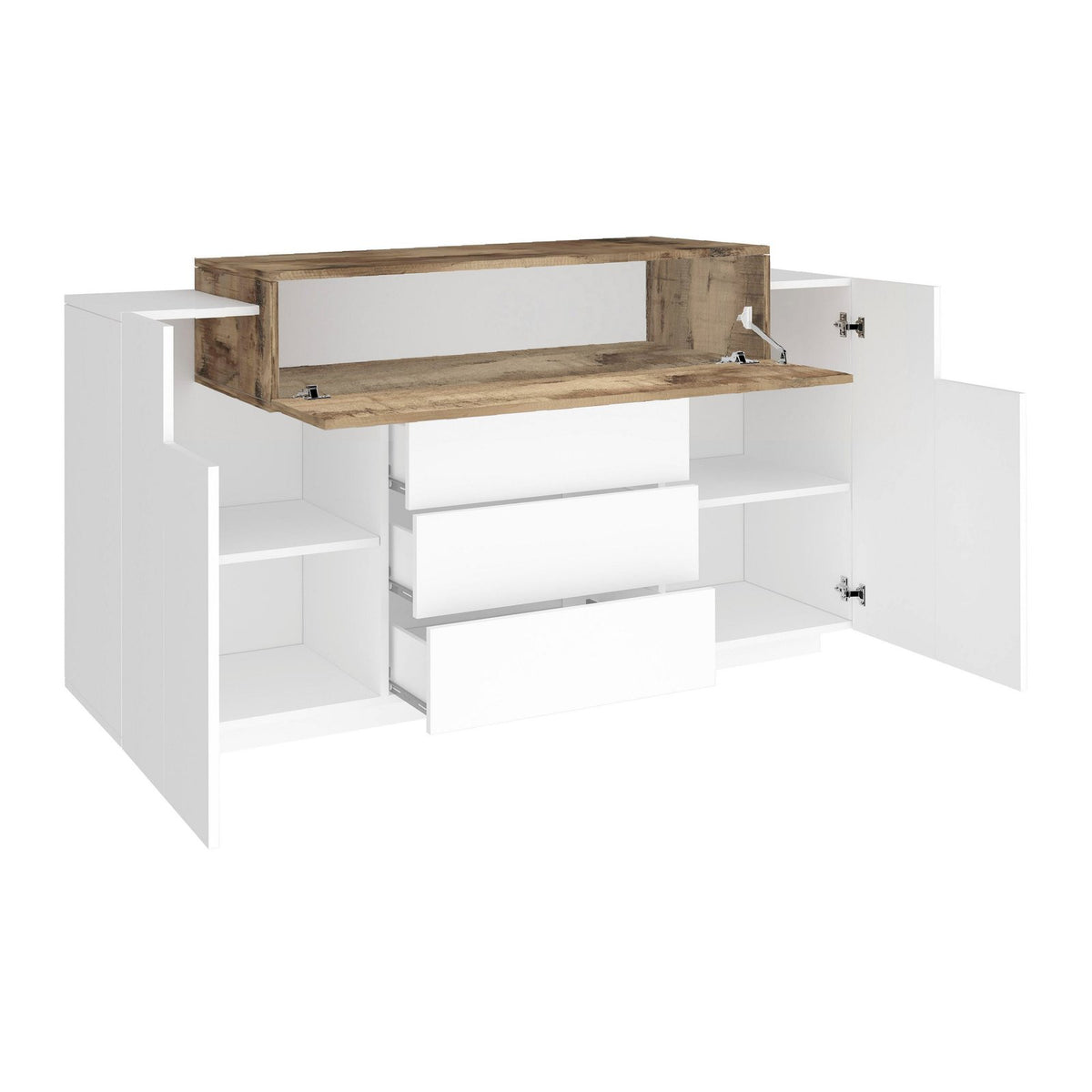 Credenza bianco opaco aperta con ante spalancate e elemento a giorno in legno ribaltato